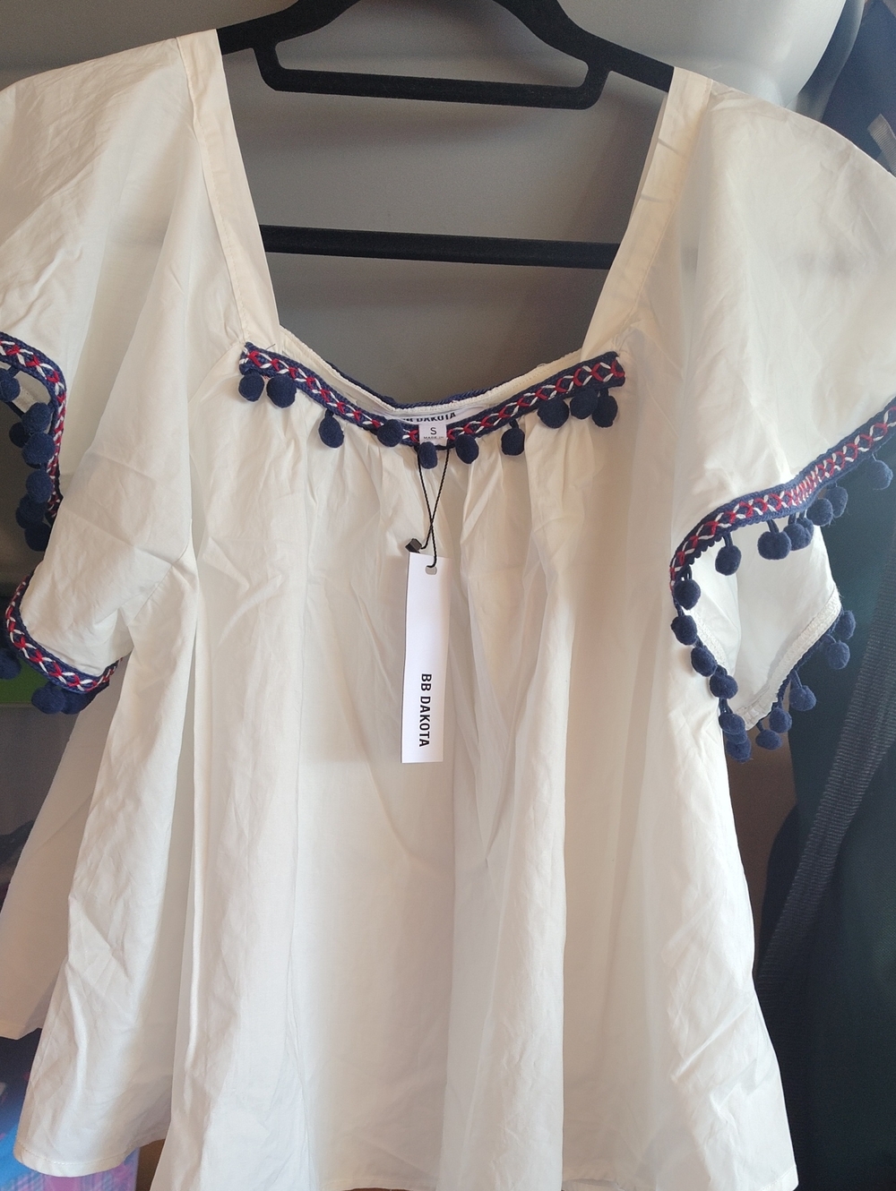 BB Dakota White Peasant Top with Navy Pom Trim